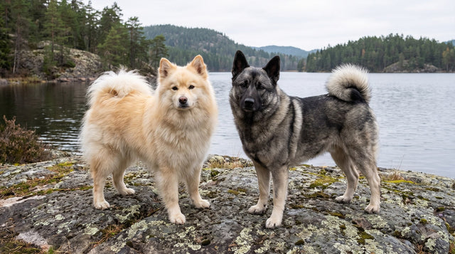 Cream Finnish Lapphund standing beside a dark grey Norwegian Elkhound on a rocky lakeshore