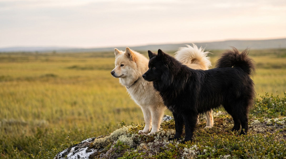 Cream Finnish Lapphund standing beside a solid black Swedish Lapphund on a birch ridge