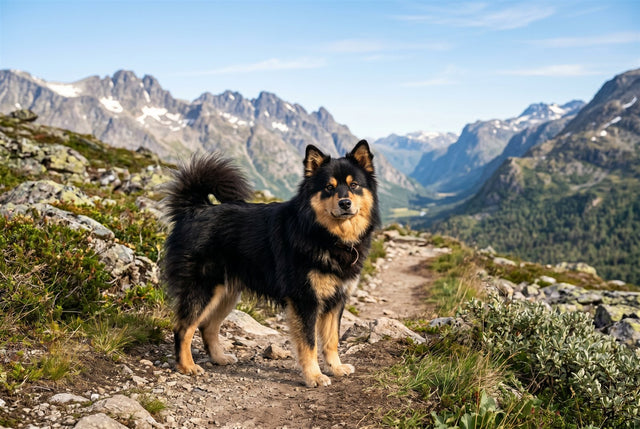 Healthy black and tan Finnish Lapphund standing on a mountain trail in morning light