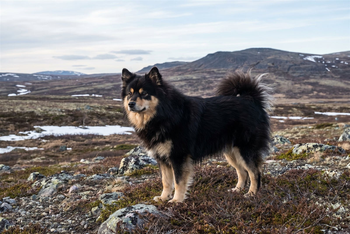 Black and tan Finnish Lapphund standing on open Arctic tundra