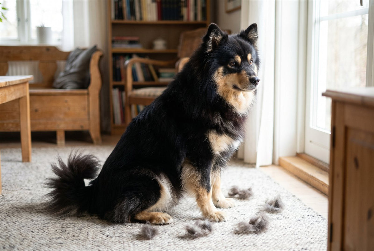 Black and tan Finnish Lapphund indoors with loose shed fur on the rug, showing the breed is not hypoallergenic