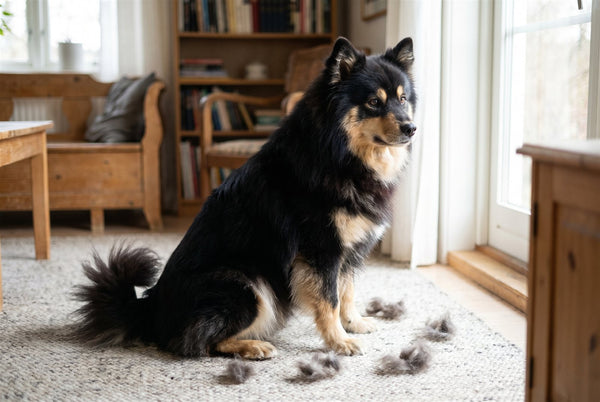 Black and tan Finnish Lapphund indoors with loose shed fur on the rug, showing the breed is not hypoallergenic