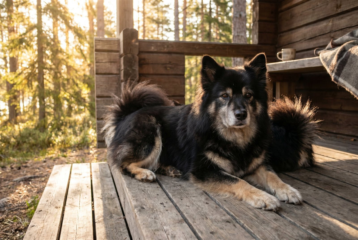 Senior black and tan Finnish Lapphund with a greying muzzle resting on a cabin porch in morning light