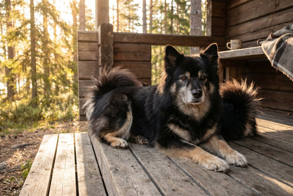 Senior black and tan Finnish Lapphund with a greying muzzle resting on a cabin porch in morning light