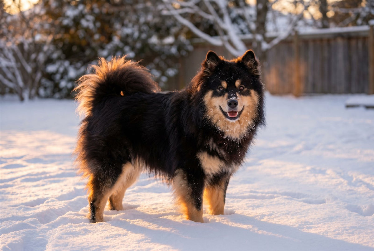 Black and tan Finnish Lapphund with a fluffy curled tail smiling in the snow