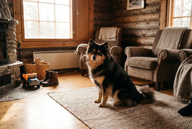 Finnish Lapphund sitting calmly with a family in a cozy living room, fluffy curled tail