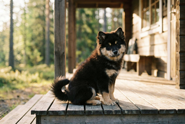 Black and tan Finnish Lapphund puppy with a fluffy curled tail on a cabin porch in morning light