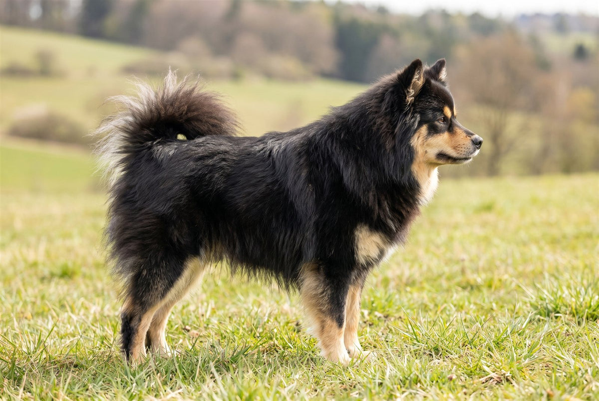 Black and tan Finnish Lapphund standing in profile showing its medium size and curled tail