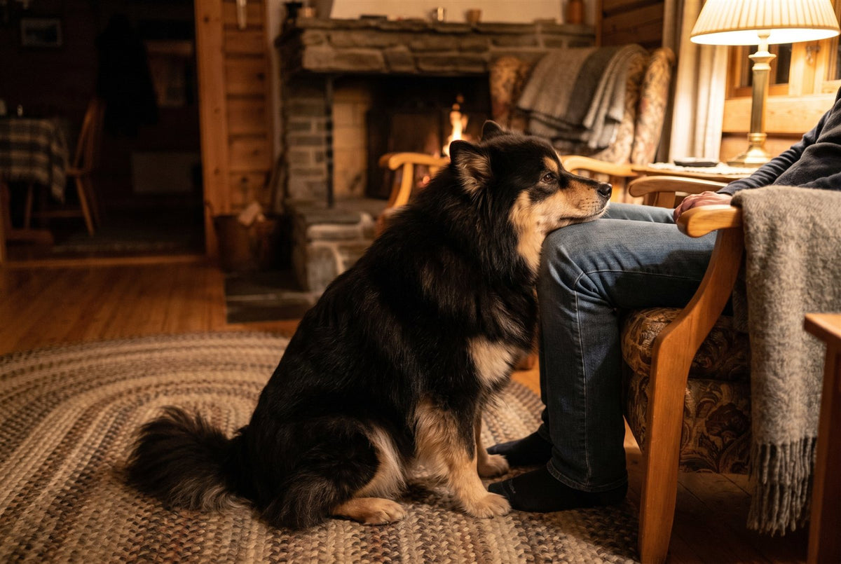 Black and tan Finnish Lapphund leaning affectionately against its owner indoors