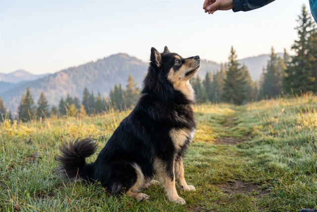 Black and tan Finnish Lapphund sitting attentively during a training session on a mountain trail