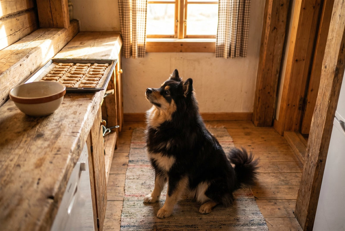Black and tan Finnish Lapphund waiting for homemade dog treats in a cozy kitchen