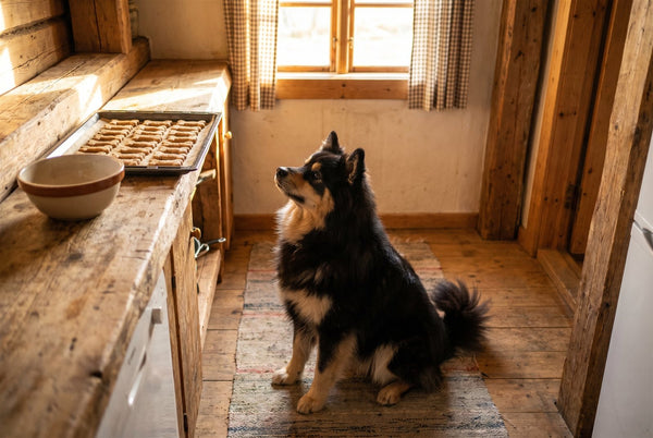 Black and tan Finnish Lapphund waiting for homemade dog treats in a cozy kitchen
