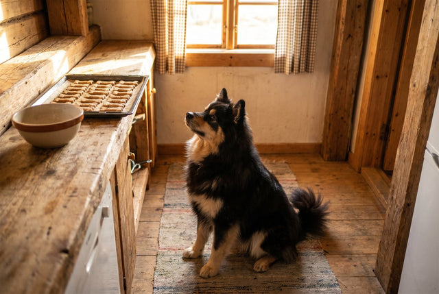 Black and tan Finnish Lapphund waiting for homemade dog treats in a cozy kitchen