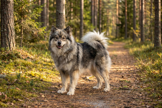 Wolf sable grey Finnish Lapphund with a fluffy curled tail on a forest trail