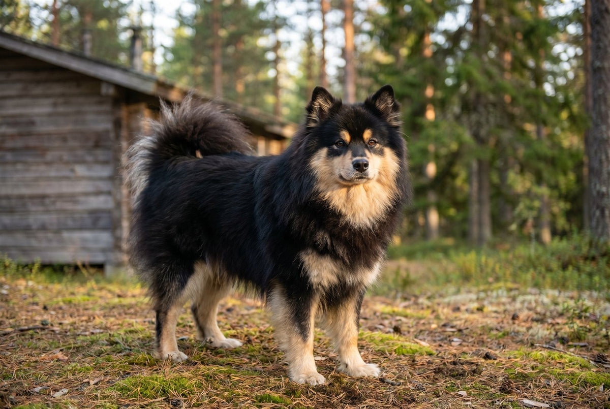 Black and tan Finnish Lapphund with a fluffy curled tail standing outdoors
