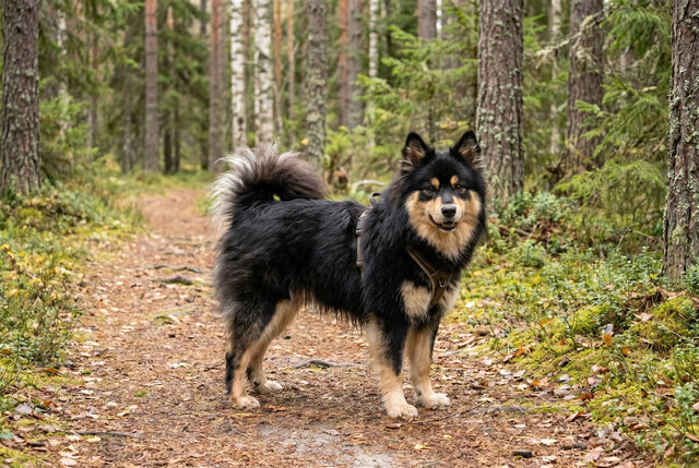 Black and tan Finnish Lapphund with a fluffy curled tail standing on a forest trail