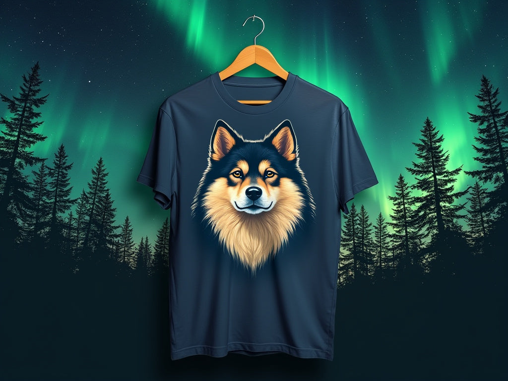 Finnish Lapphund illustration on a navy blue t-shirt, set against a background of the Northern Lights and forest silhouette.