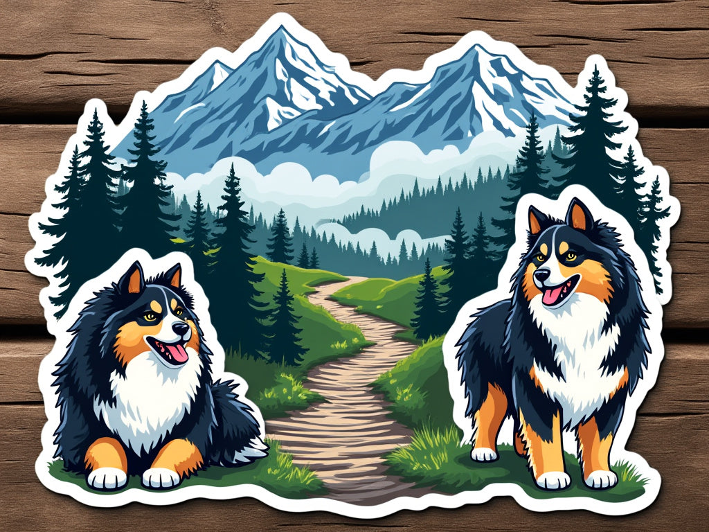 Adorable collection of Finnish Lapphund stickers displayed on a wooden surface with a scenic mountain and forest backdrop, capturing the spirit of nature and adventure.