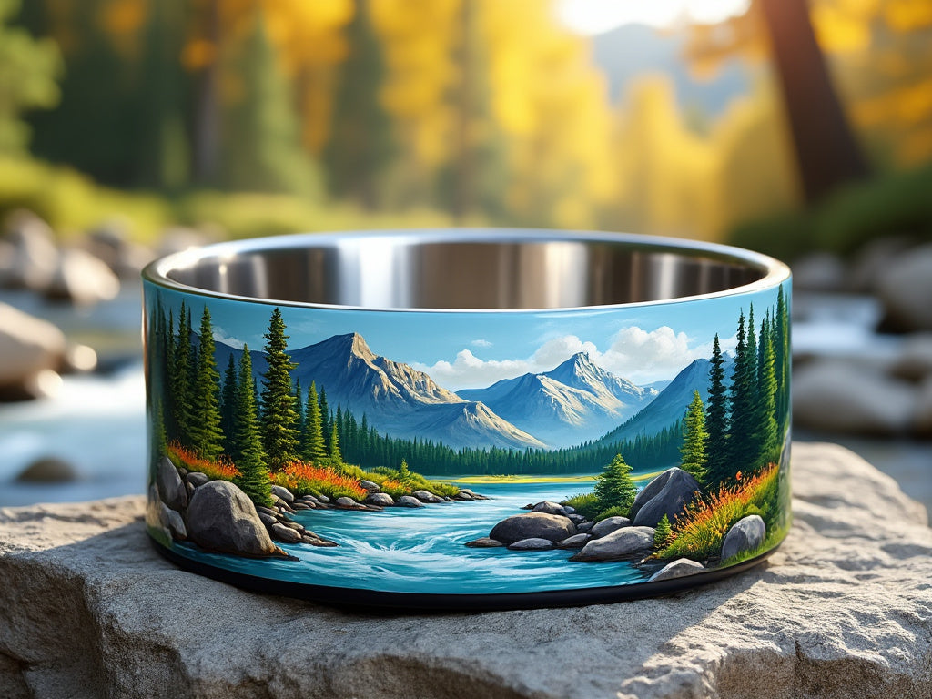 Stainless steel dog bowl with a vibrant landscape design featuring a mountain range, pine trees, and a flowing river. The bowl is placed on a stone with a scenic outdoor backdrop of a forest during golden hour.