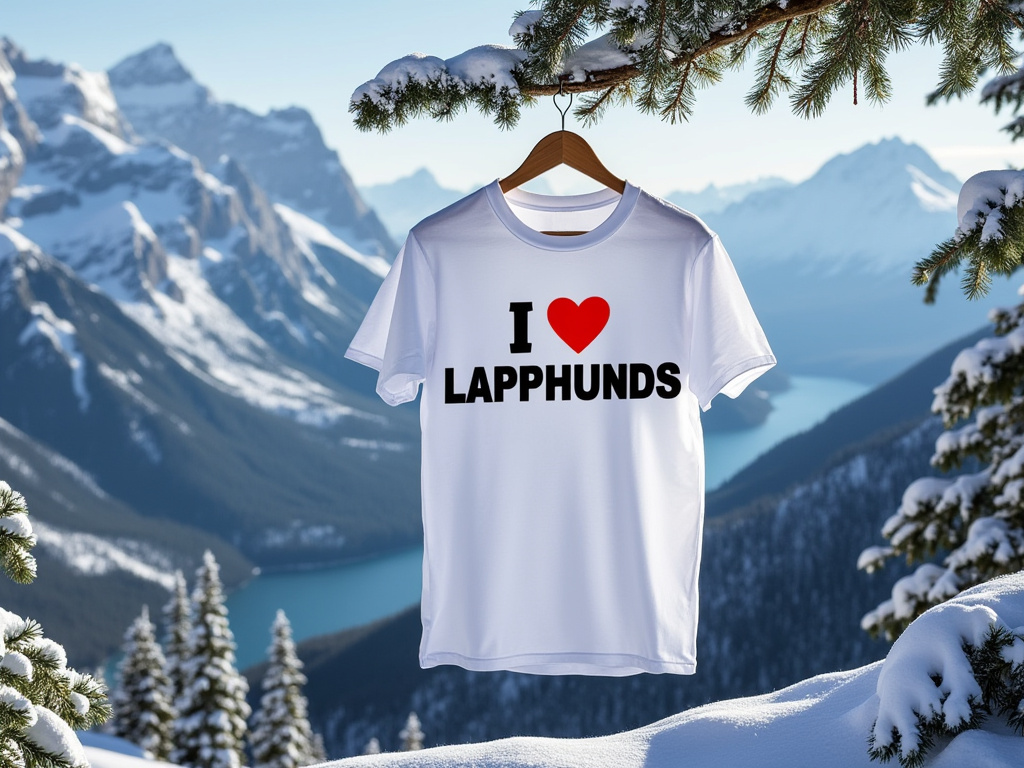 A white t-shirt with the text 'I ❤️ LAPPHUNDS' hangs from a snowy pine branch, with a scenic background of snow-covered mountains and a serene blue lake. The winter landscape highlights the adventurous spirit of the collection.