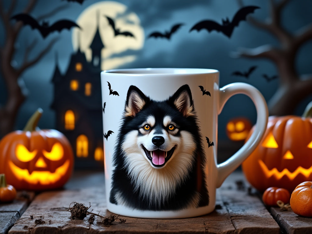Get into the Halloween spirit with this Finnish Lapphund mug featuring a cheerful dog surrounded by spooky bats and glowing jack-o'-lanterns. Perfect for your morning brew or an evening hot chocolate during the Halloween season.