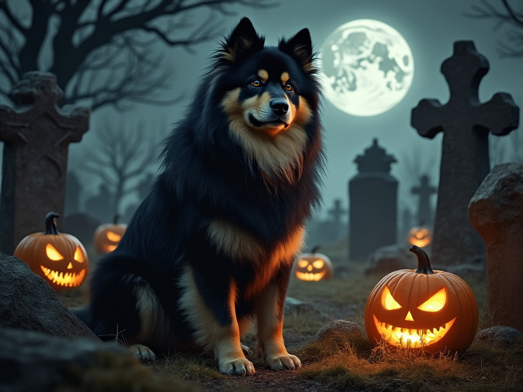 A Finnish Lapphund sits in a spooky graveyard, surrounded by glowing jack-o-lanterns under a bright full moon. The eerie scene highlights the dog's coat as it shines in the pumpkin light, creating a playful yet mysterious Halloween atmosphere.