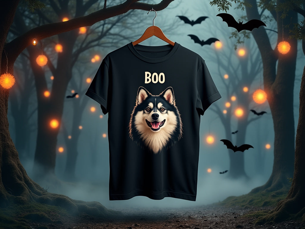 A black t-shirt featuring a brown and black Finnish Lapphund with the word 'BOO' hangs from a branch in a foggy, eerie forest. Glowing orange lights and flying bats add to the spooky Halloween atmosphere, with mist covering the forest floor.