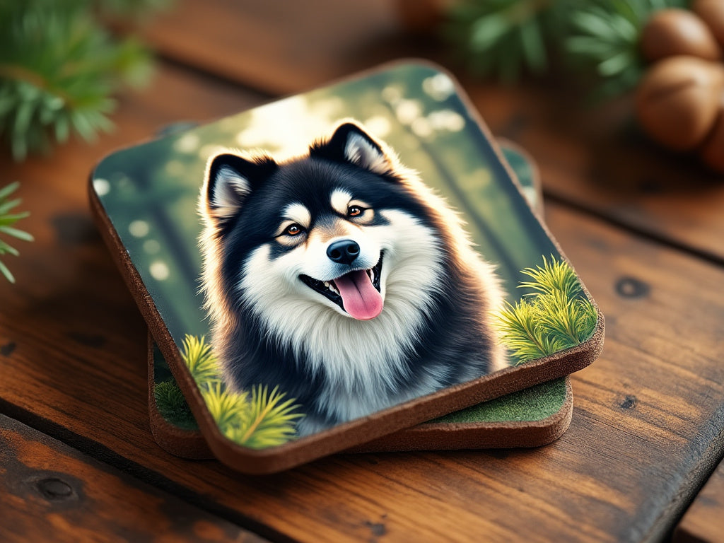 Beautiful wooden coasters featuring a Finnish Lapphund portrait, surrounded by pine branches on a rustic wooden table, capturing the essence of nature and outdoor adventure.