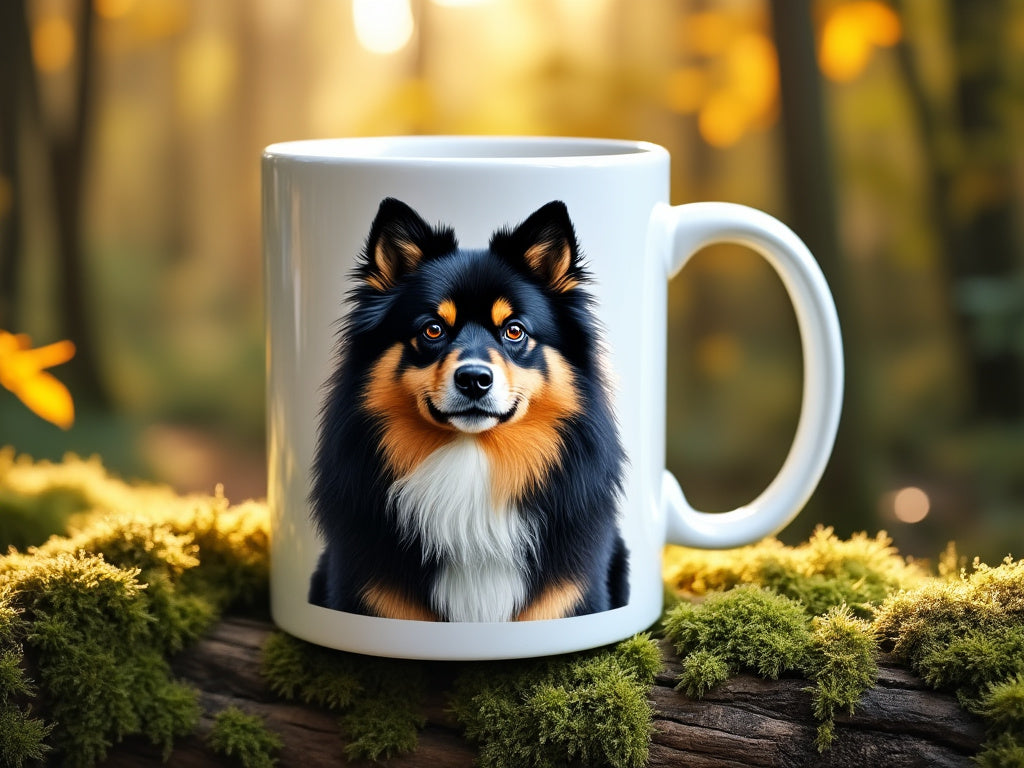 White 20oz ceramic mug featuring a detailed black and brown Finnish Lapphund portrait, resting on a moss-covered log in a peaceful forest with soft sunlight filtering through the trees in the background.