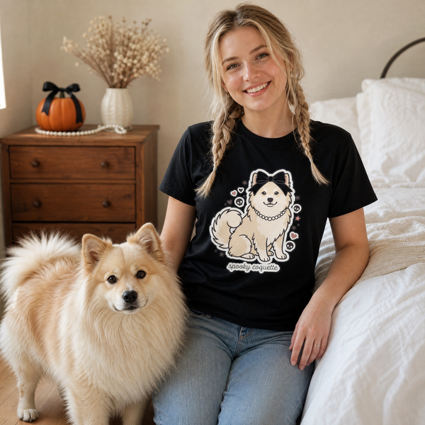 Finnish Lapphund Spooky Coquette Halloween T-Shirt Finnish Lapphund t-shirt worn, lifestyle photo
