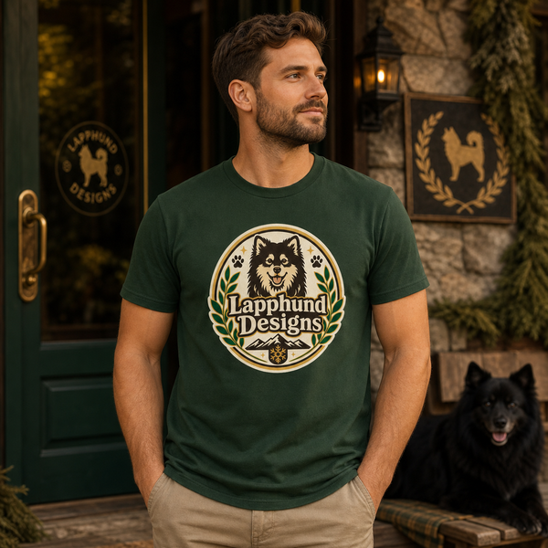 Finnish Lapphund Designs Crest T-Shirt Finnish Lapphund t-shirt worn, lifestyle photo
