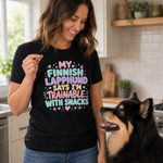 Finnish Lapphund Trainable With Snacks T-Shirt Finnish Lapphund t-shirt worn, lifestyle photo