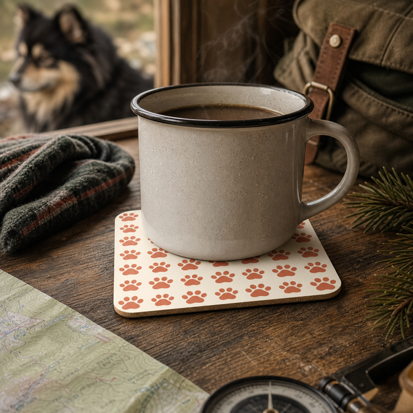 Finnish Lapphund Paw Print Pattern Cork-Back Coaster Finnish Lapphund cork-back coaster in use on a table