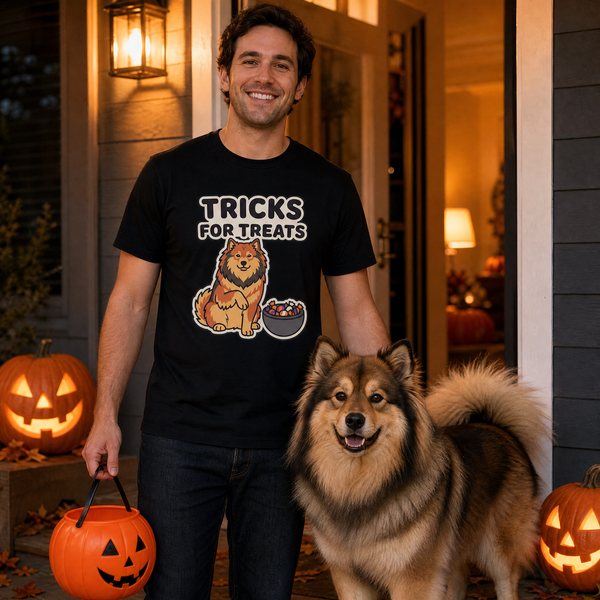 Finnish Lapphund Tricks for Treats Halloween T-Shirt Finnish Lapphund t-shirt worn, lifestyle photo