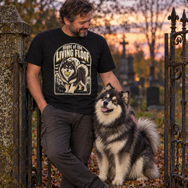Finnish Lapphund Night of the Living Floof Halloween T-Shirt Finnish Lapphund t-shirt worn, lifestyle photo