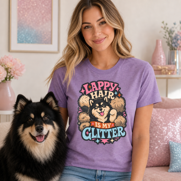 Finnish Lapphund Hair Is My Glitter T-Shirt Finnish Lapphund t-shirt worn, lifestyle photo