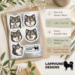 Specs and details for the Finnish Lapphund Everyday Expressions Sticker Sheet – Coffee, Smiles & Calm Moods Finnish Lapphund sticker sheet