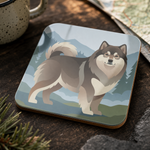 Glossy print detail on the Finnish Lapphund Alpine Mountain Illustration Cork-Back Coaster Finnish Lapphund coaster