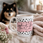 Finnish Lapphund Mug – 'Lapphund Hair Don't Care' with Pink & Polka Dots Finnish Lapphund mug in use