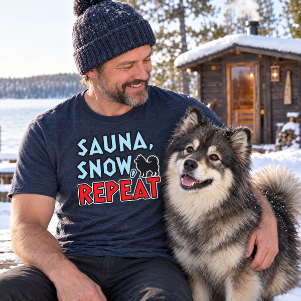 Finnish Lapphund Sauna, Snow, Repeat T-Shirt Finnish Lapphund t-shirt worn, lifestyle photo