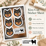 Specs and details for the Finnish Lapphund Happy Faces Sticker Sheet – Tongue-Out Smiles & Playful Joy Finnish Lapphund sticker sheet