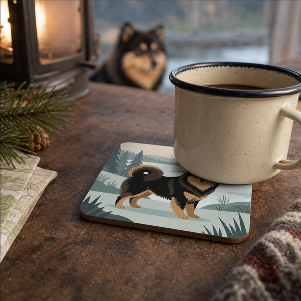 Finnish Lapphund Nordic Lakeside Illustration Cork-Back Coaster Finnish Lapphund cork-back coaster in use on a table
