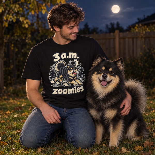 Finnish Lapphund 3 A.M. Zoomies Halloween T-Shirt Finnish Lapphund t-shirt worn, lifestyle photo
