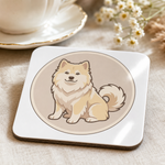 Glossy print detail on the Finnish Lapphund Cream Sitting Badge Cork-Back Coaster Finnish Lapphund coaster