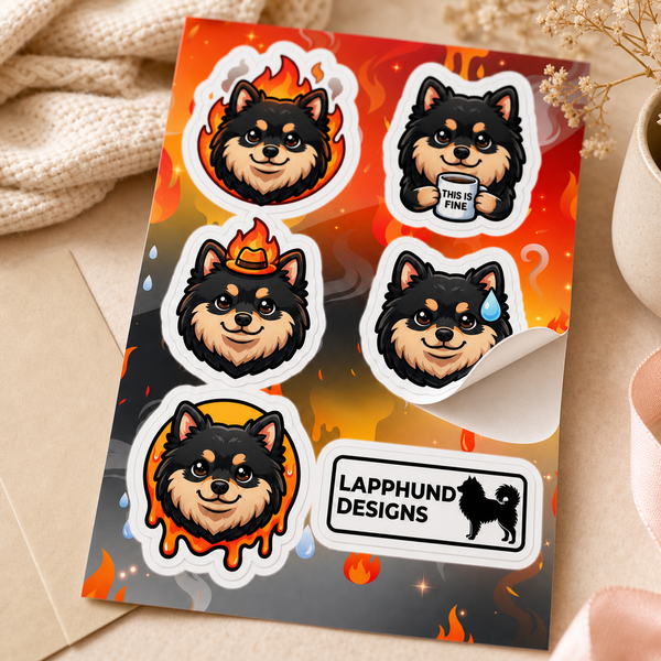 Finnish Lapphund Stressed Reactions Sticker Sheet – Overwhelmed Faces, “It’s Fine” & Heat Moments Finnish Lapphund t-shirt worn, lifestyle photo
