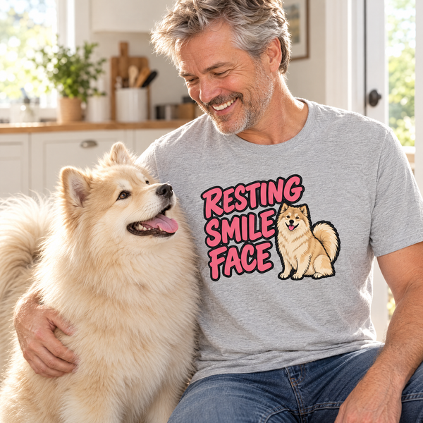 Finnish Lapphund Resting Smile Face T-Shirt Finnish Lapphund t-shirt worn, lifestyle photo