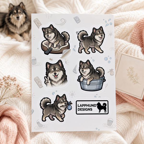 Individual peel detail of the Finnish Lapphund Grooming Day Sticker Sheet – Bath Time, Brushing & Clean Pup Moments Finnish Lapphund sticker sheet