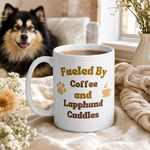Finnish Lapphund Mug – 'Fueled By Coffee and Lapphund Cuddles Finnish Lapphund mug in use