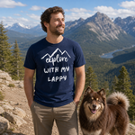 Explore with My Lappy T-Shirt – Adventure-Ready Gear for Lapphund Lovers Finnish Lapphund t-shirt worn, lifestyle photo