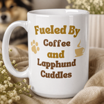 Glossy print detail on the Finnish Lapphund Mug – 'Fueled By Coffee and Lapphund Cuddles Finnish Lapphund mug
